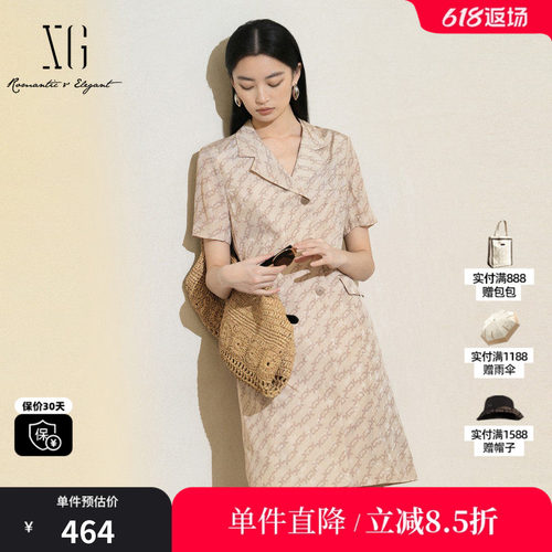 XG/雪歌XK204008B291印花设计短袖连衣裙2025夏季新款衬衫A字裙女