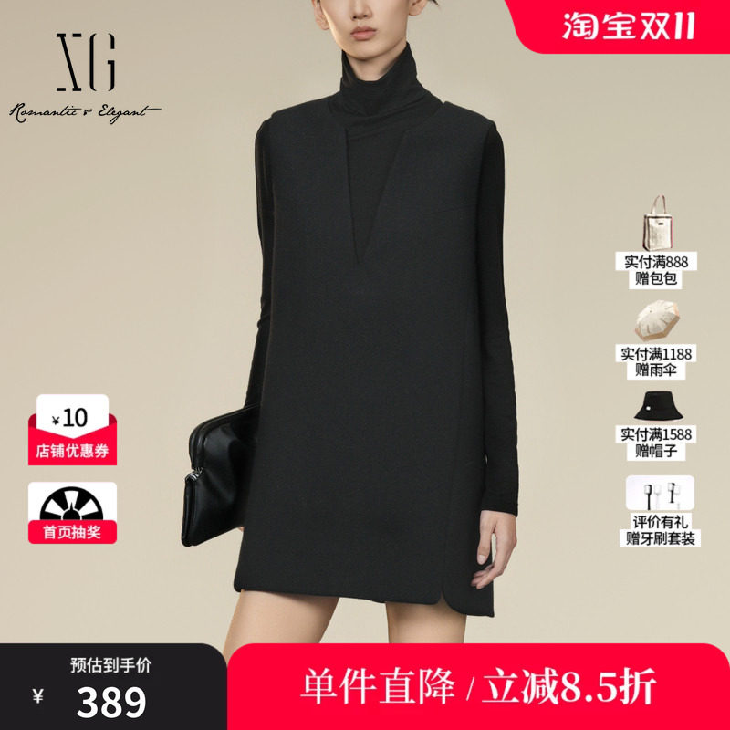 XG/雪歌XK404403A590 中长黑长袖连衣裙厚款无袖羊毛混纺直筒裙女