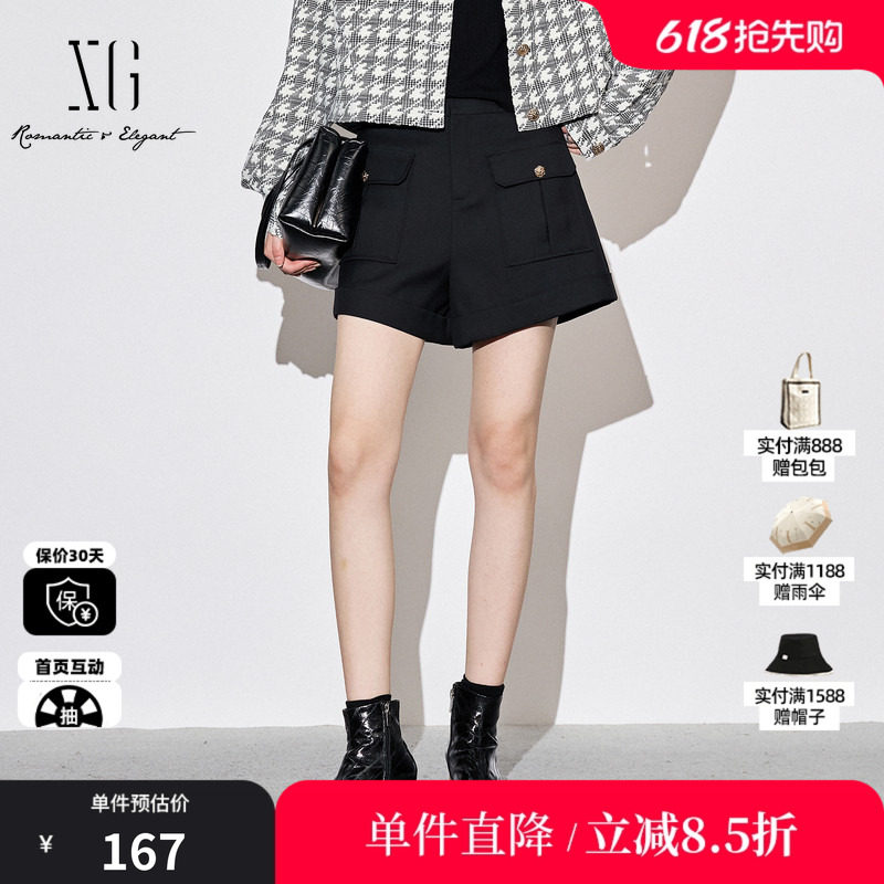 XG雪歌XJ302011A290黑色设计感休闲裤时尚秋季新款直筒工装短裤女