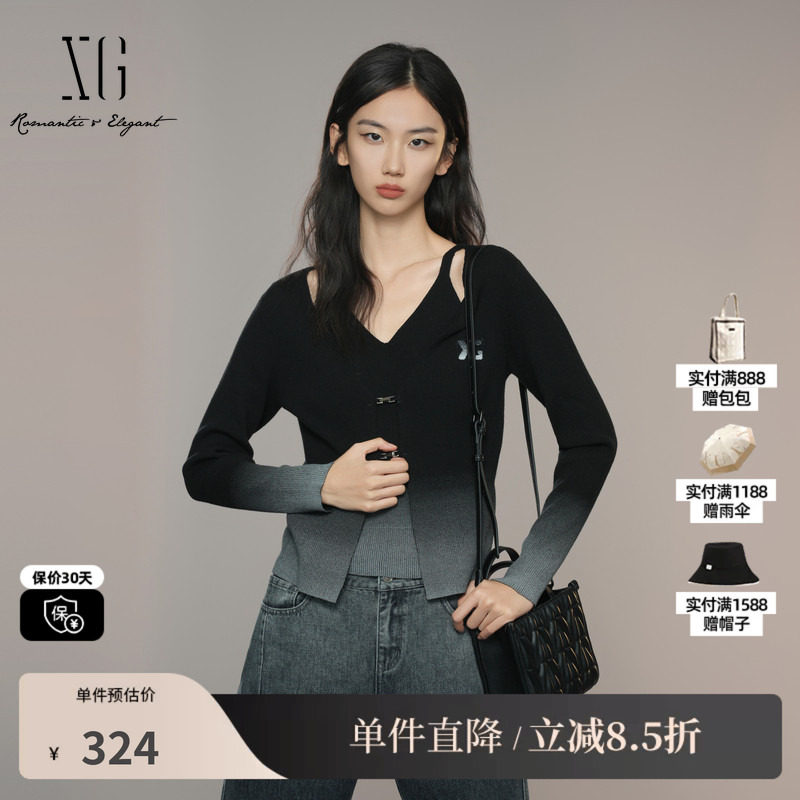 XG/雪歌XK311041B490 渐变假两件长袖毛针织衫感显瘦黑色毛衫女装