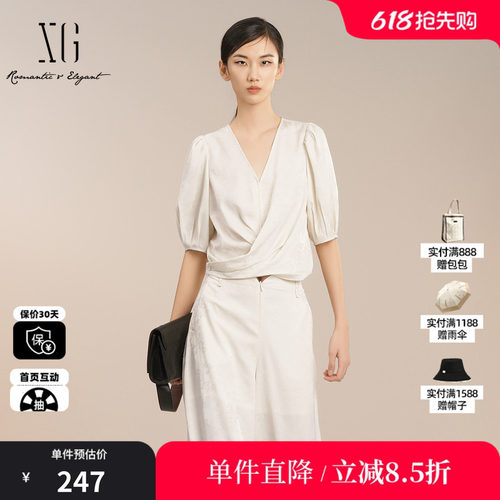 XG雪歌XK221005A691米白色套头短袖衬衫2025夏季新款中国风上衣女