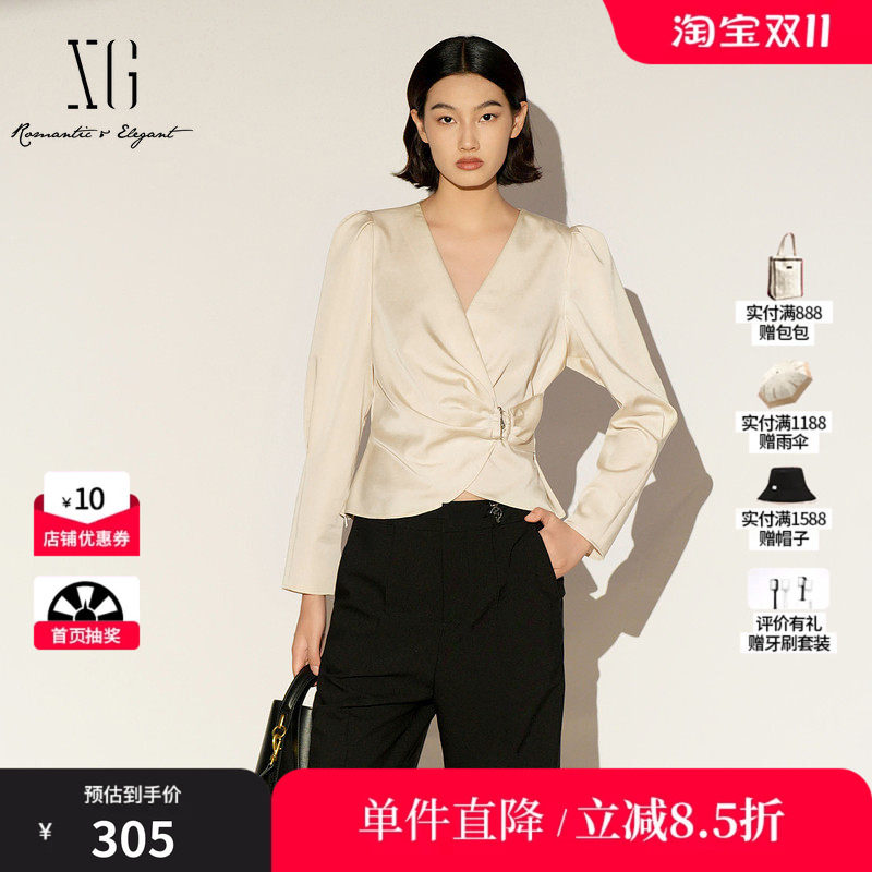 XG/雪歌XL121002A460米色莱赛尔V领长袖衬衫套头收腰淑女短上衣女