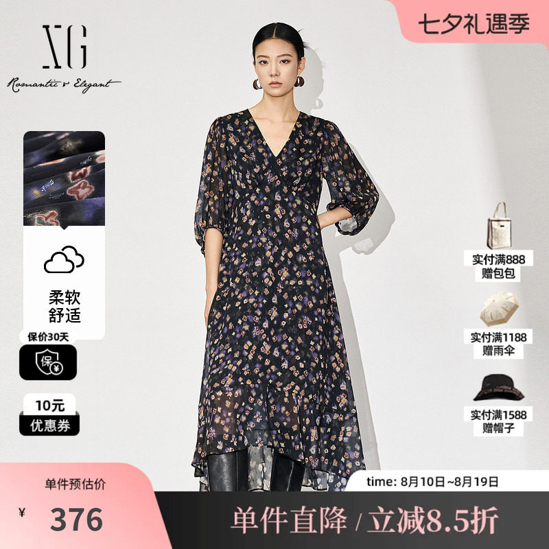XG/雪歌XL304869A806七分袖连衣裙2025秋季新款高腰印花中长裙女
