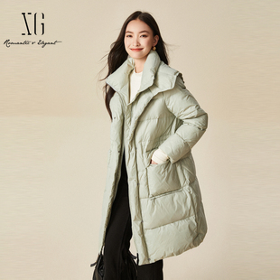 XG雪歌XJ406100A540浅绿色羽绒服时尚冬季新款中长款白鸭绒外套女