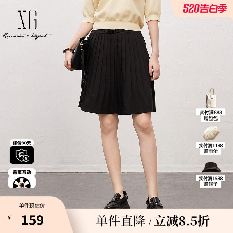 XG/雪歌XJ203023A290黑色简约百褶半身裙时尚夏季新款A字短裙女装