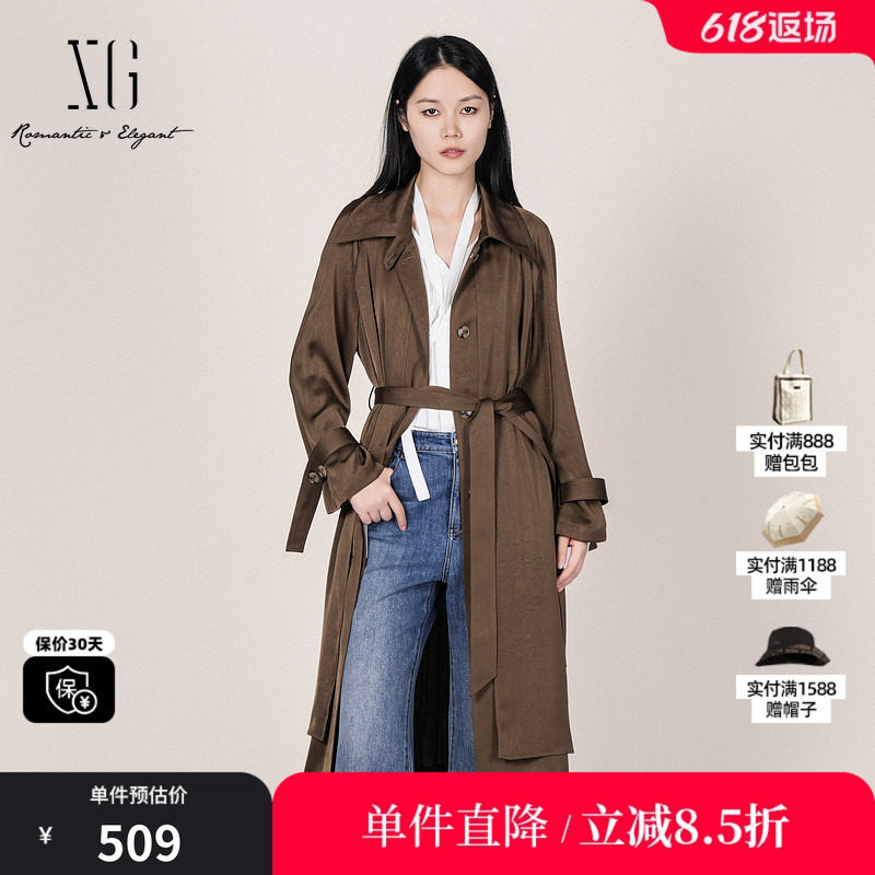 XG/雪歌XL108008A409 咖色直筒中长风衣衬衫领垂感高级休闲外套女