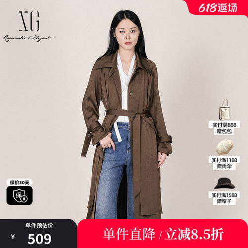 XG/雪歌XL108008A409 咖色直筒中长风衣衬衫领垂感高级休闲外套女