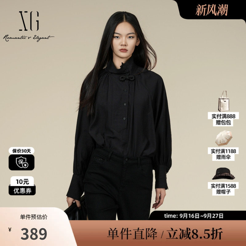 XG/雪歌XK421016A390 国风盘口领结长袖衬衫黑色立领显瘦上衣女装