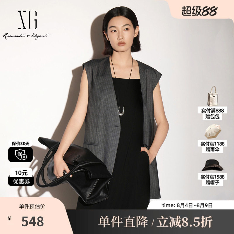 XG/雪歌 XL324003B199黑灰条纹无领西装马夹外套直筒中长马甲女装