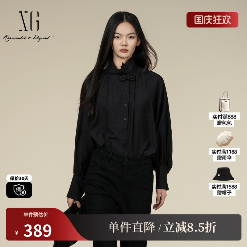 XG/雪歌XK421016A390 国风盘口领结长袖衬衫黑色立领显瘦上衣女装