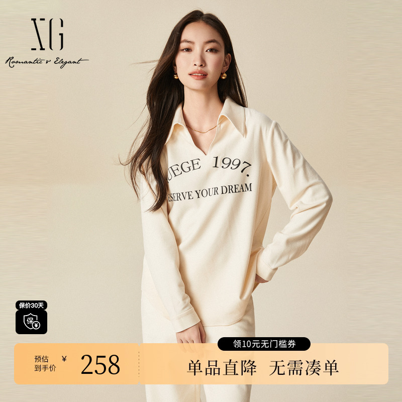 XG/雪歌XJ421026A191印花长袖套头衬衫时尚冬季新款米白色上衣女