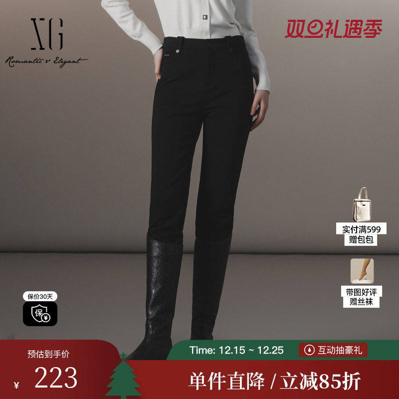 XG雪歌XJ402057A490黑色修身休闲裤时尚冬季新款高腰弹力铅笔裤女