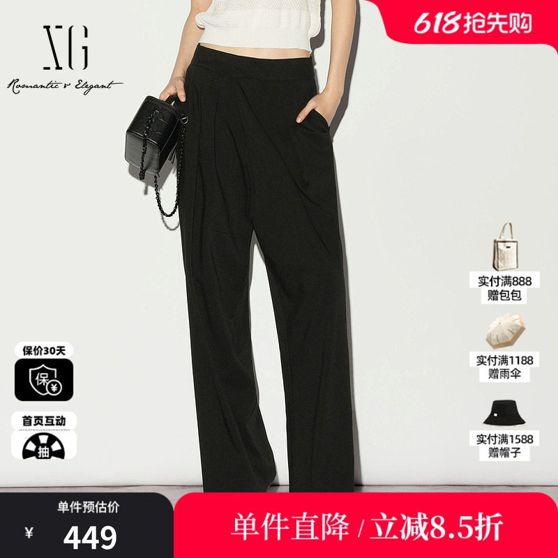 XG/雪歌XL202003A290 黑色直筒捏褶休闲裤通勤薄款中腰西装长裤女