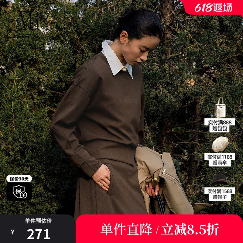 XG/雪歌XL101015A209圆领套头短款卫衣拉链开叉落肩直筒长袖T女装
