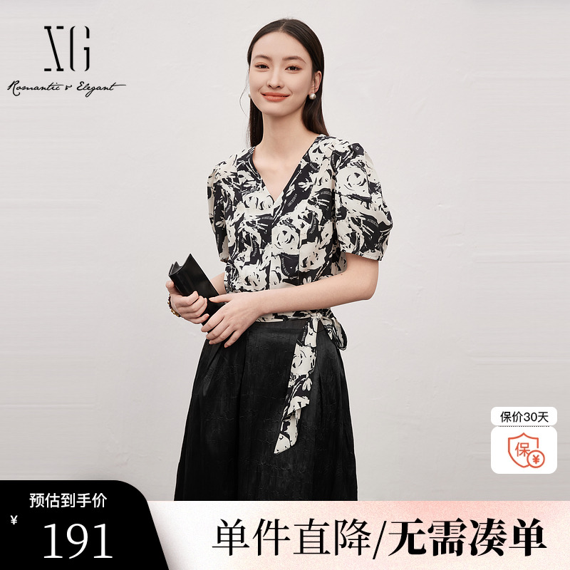 XG雪歌XJ221031B797碎花气质短袖衬衫时尚夏季新款绑带收腰上衣女