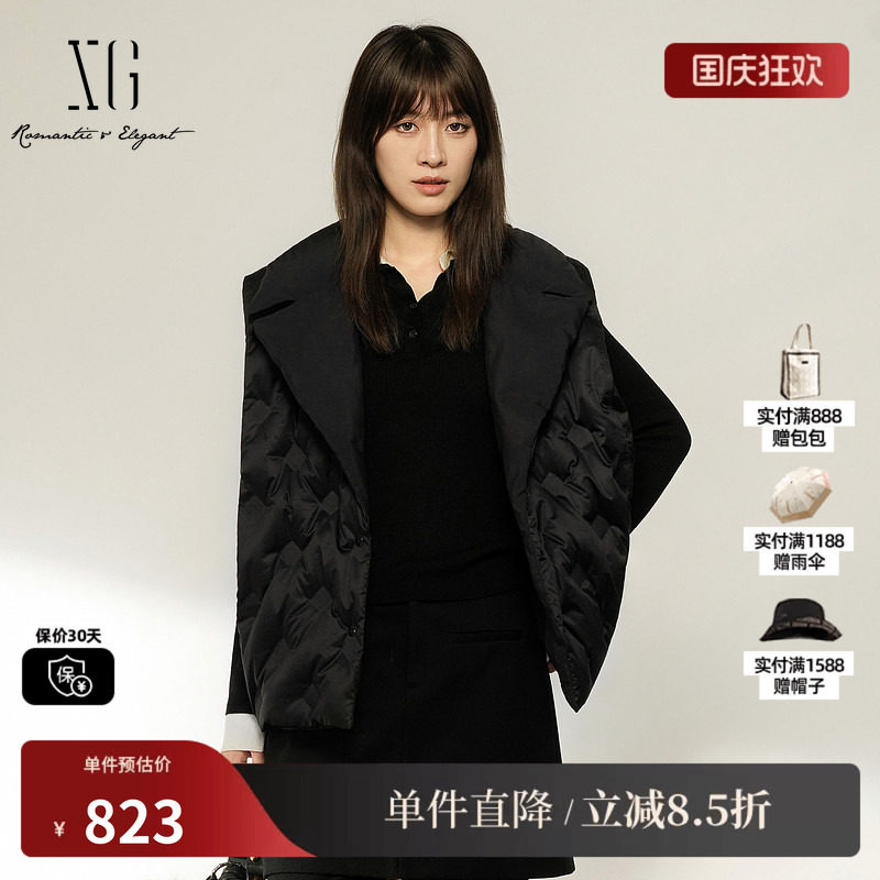 XG/雪歌 XL406023A390黑色翻领直筒无袖白鸭绒羽绒马夹外套休闲女