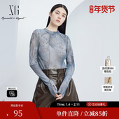 薄款 抽褶圆领上衣女 秋季 新款 雪歌XJ301010B397印花长袖 T恤时尚