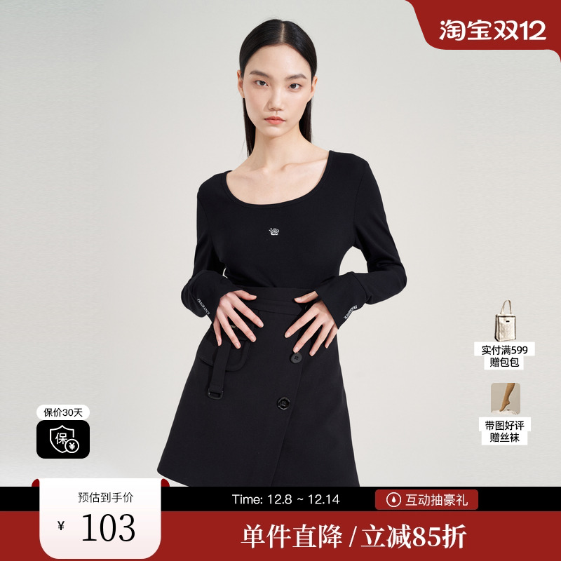 XG/雪歌XI301013A390印花长袖T恤时尚秋季新款修身短款黑色上衣女