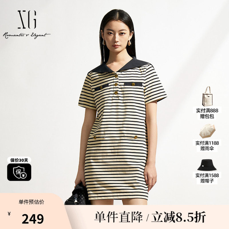 XG/雪歌XK304518A899棉感海军风直筒连衣裙大翻领减龄条纹T恤裙女