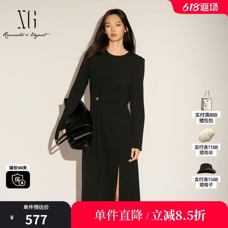XG/雪歌XL104017A190黑色长袖连衣裙2026春季新款褶皱中长裙女装