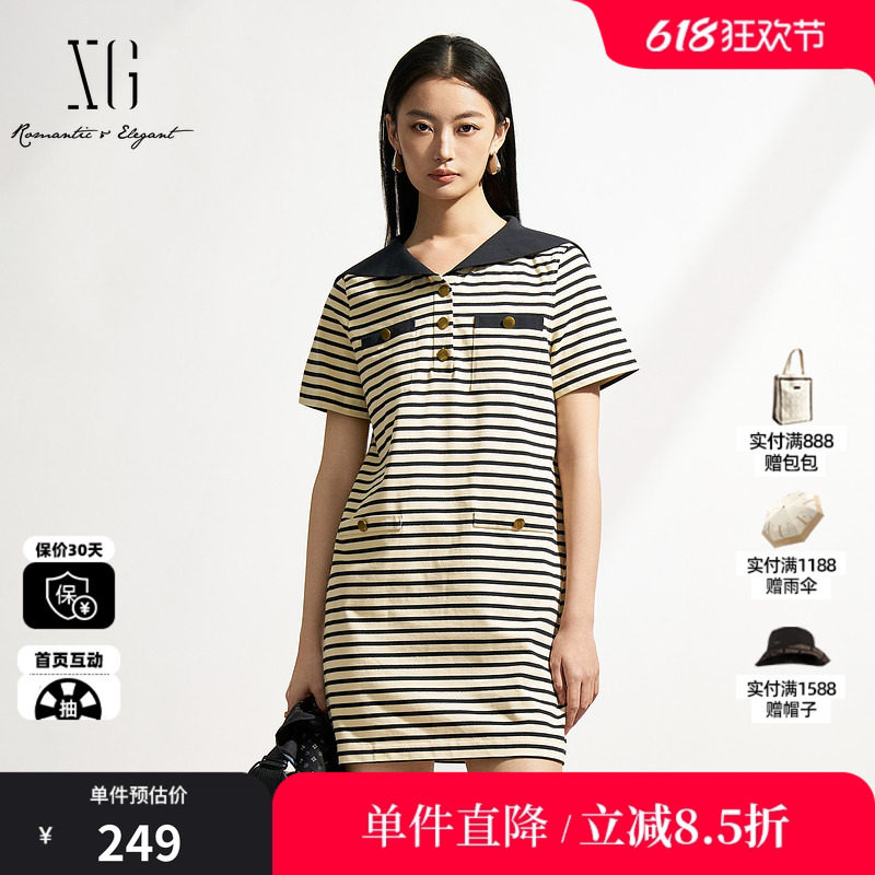 XG/雪歌XK304518A899棉感海军风直筒连衣裙大翻领减龄条纹T恤裙女