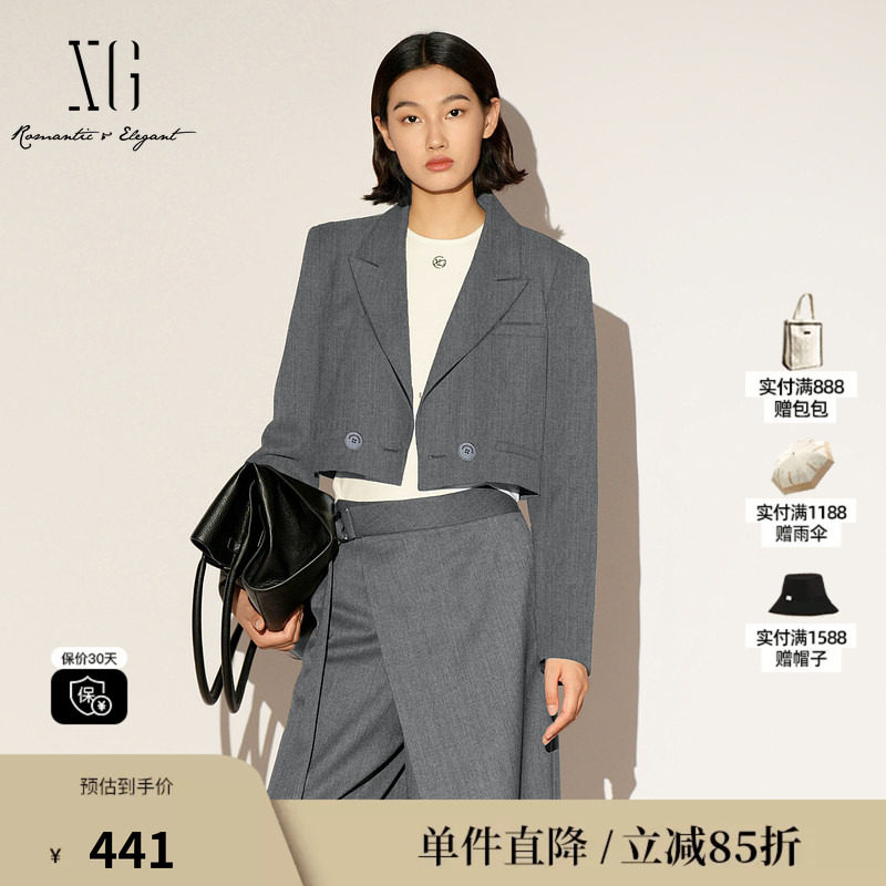 XG/雪歌XL107009A383 羊毛混纺短西装双排正肩显瘦垫肩长袖外套女