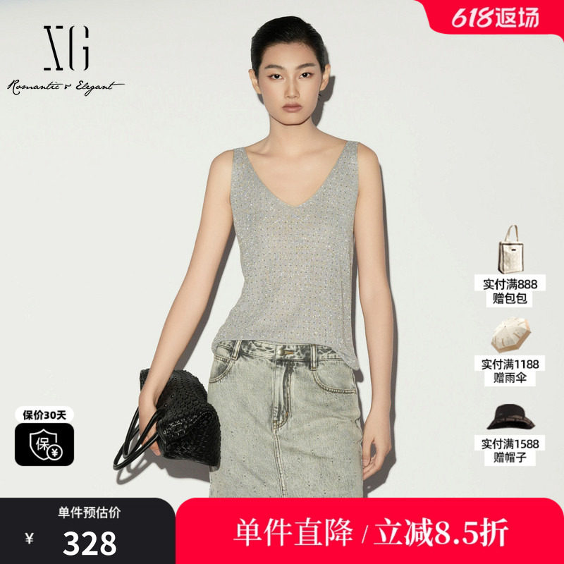 XG/雪歌XL211002A184灰色V领无袖背心薄款亮丝修身搭配吊带内搭女
