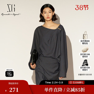 XG/雪歌XL121023A183抽褶长袖衬衫2026春季新款深灰色斜领上衣女