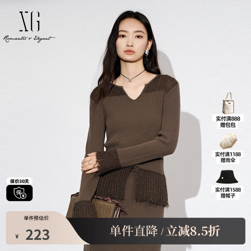 XG雪歌XL311803A844长袖毛针织衫2025秋季新款纯棉羊毛拼接毛衫女