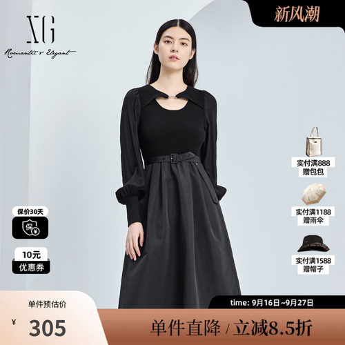 XG/雪歌XJ311038A590黑色长袖连衣裙时尚秋季新款中长款A字裙女装