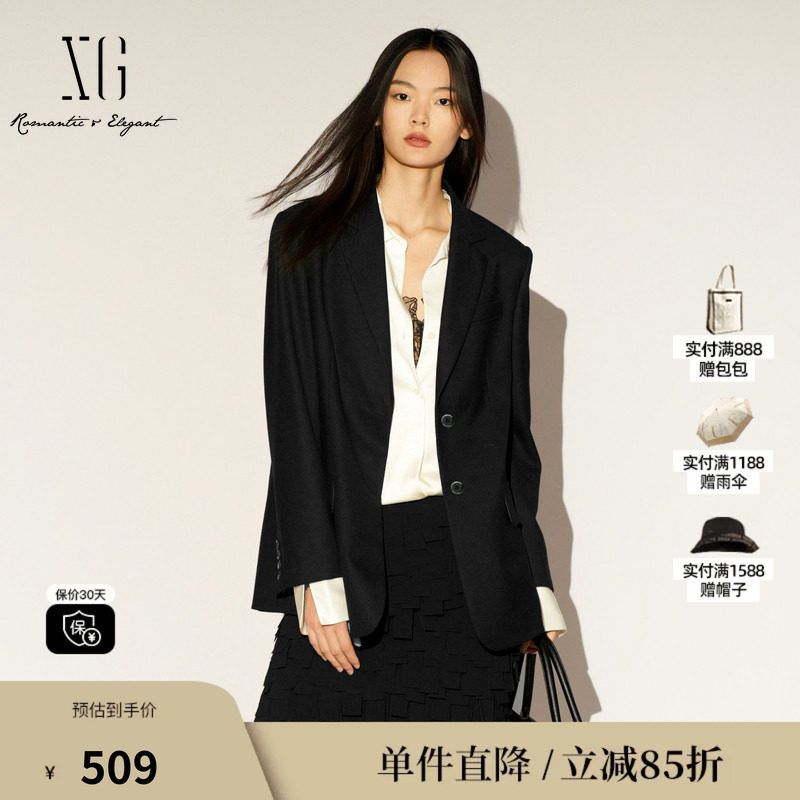 XG/雪歌XL107005A190 黑色通勤简约休闲西装翻领羊毛混纺外套女装