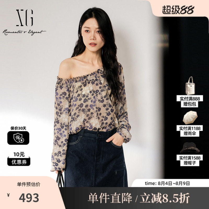 XG/雪歌 XL321001B493碎花圆领长袖宽松衬衫一字肩褶皱休闲简约女