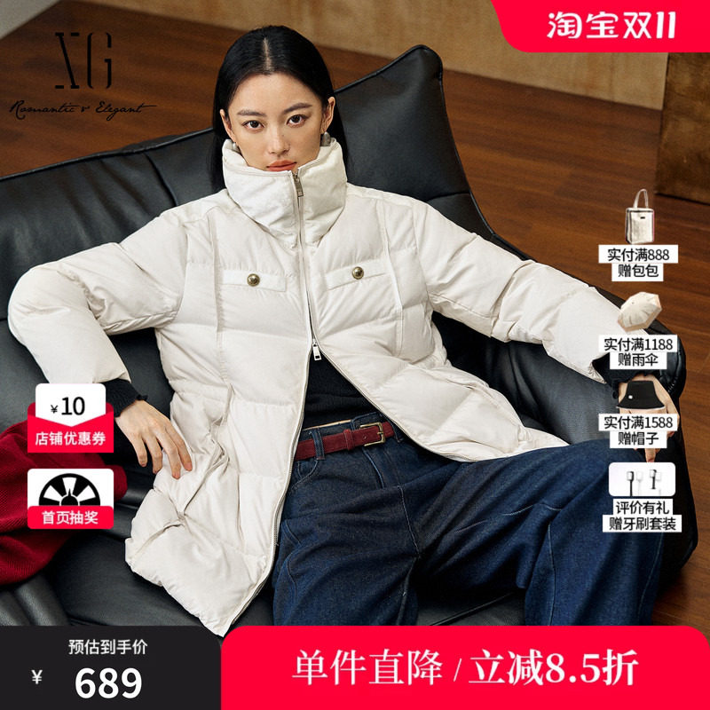 XG雪歌XK406031A591中长款鸭绒羽绒服2025冬季新款厚款高领外套女
