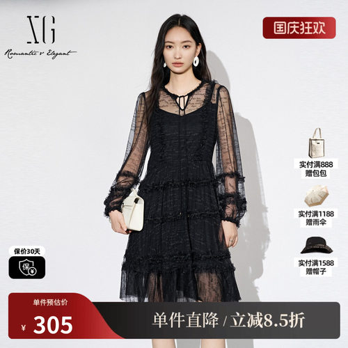 XG/雪歌XJ304020A590黑色长袖连衣裙时尚秋季新款印花网纱A字裙女