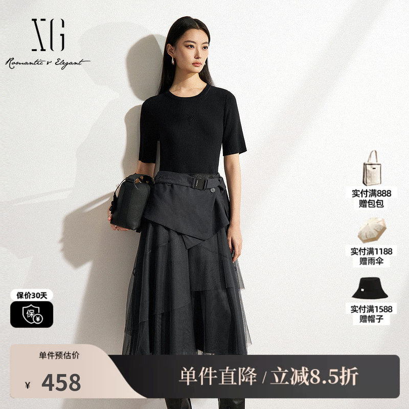 XG/雪歌XK104012B683假两件短袖连衣裙2025春季新款网纱中长裙女