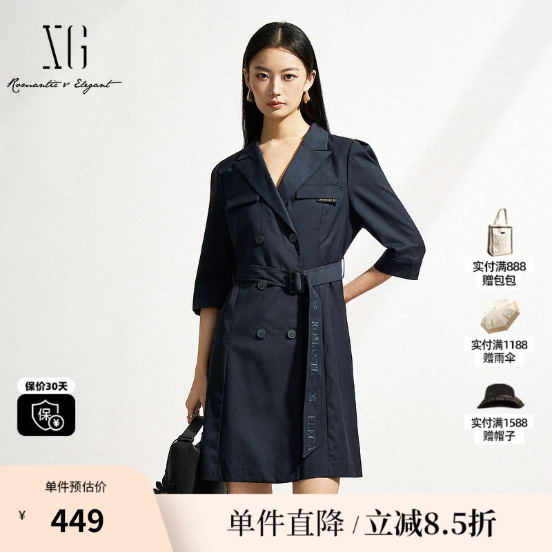 XG/雪歌XK104008A490黑色长袖连衣裙2025春季新款翻领西装短裙女