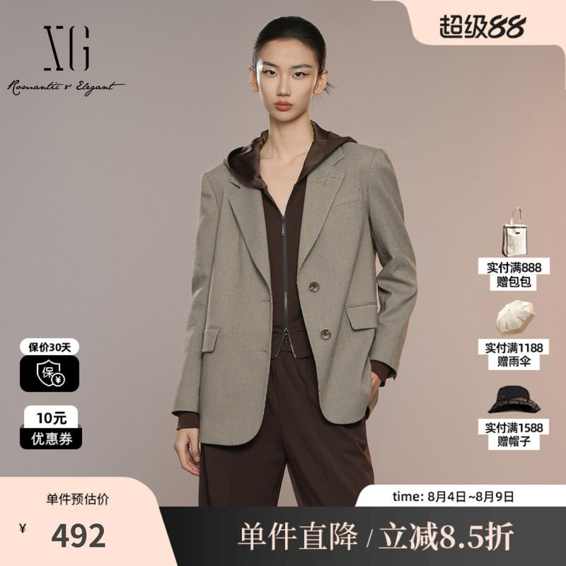 XG雪歌XK307024B595格纹休闲西装2025秋季新款翻领长袖西装外套女