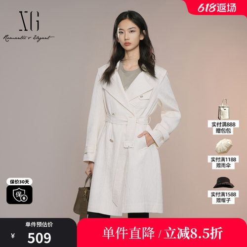 XG雪歌XK308013A491米白色中长款风衣2025秋季新款翻领长袖外套女