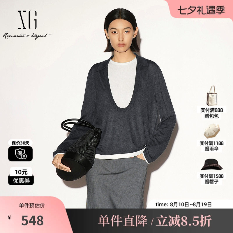 XG/雪歌 XL311017B383深灰色polo领长袖针织衫两件套直筒宽松女装
