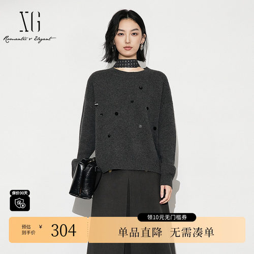 XG/雪歌XL411624A883纯绵羊毛长袖毛衣2025冬季新款黑色针织衫女