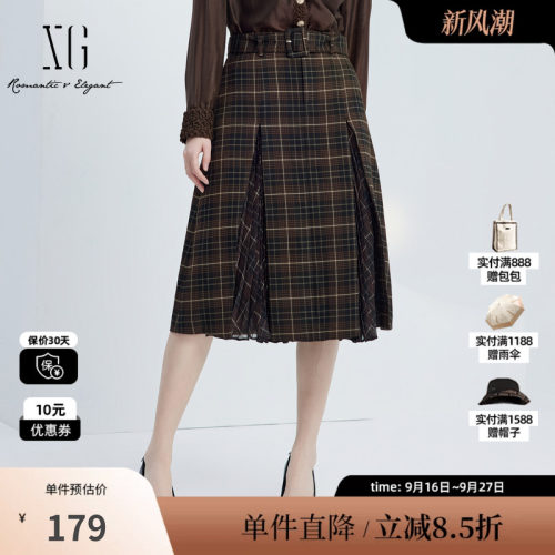 XG/雪歌XJ303017B395格纹高腰半身裙时尚秋季新款百褶开叉A字裙女