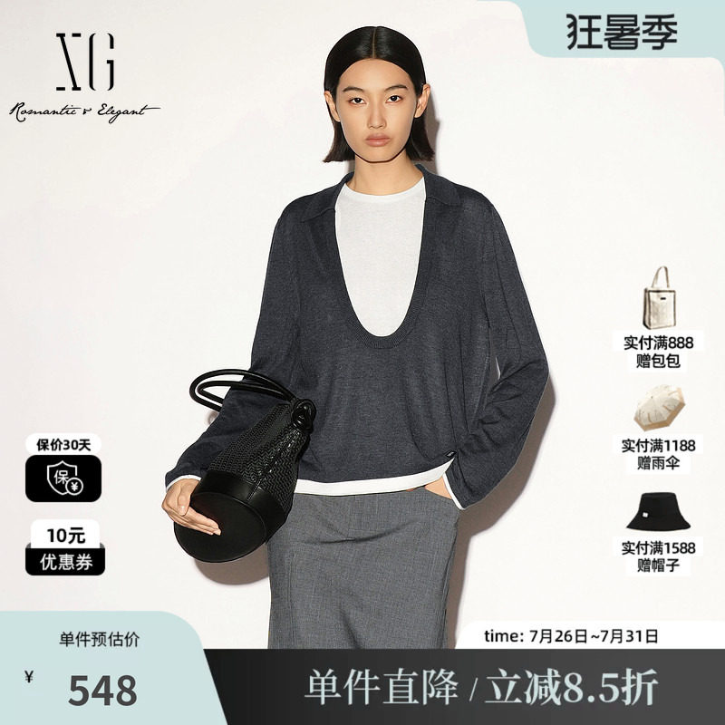 XG/雪歌 XL311017B383深灰色polo领长袖针织衫两件套直筒宽松女装
