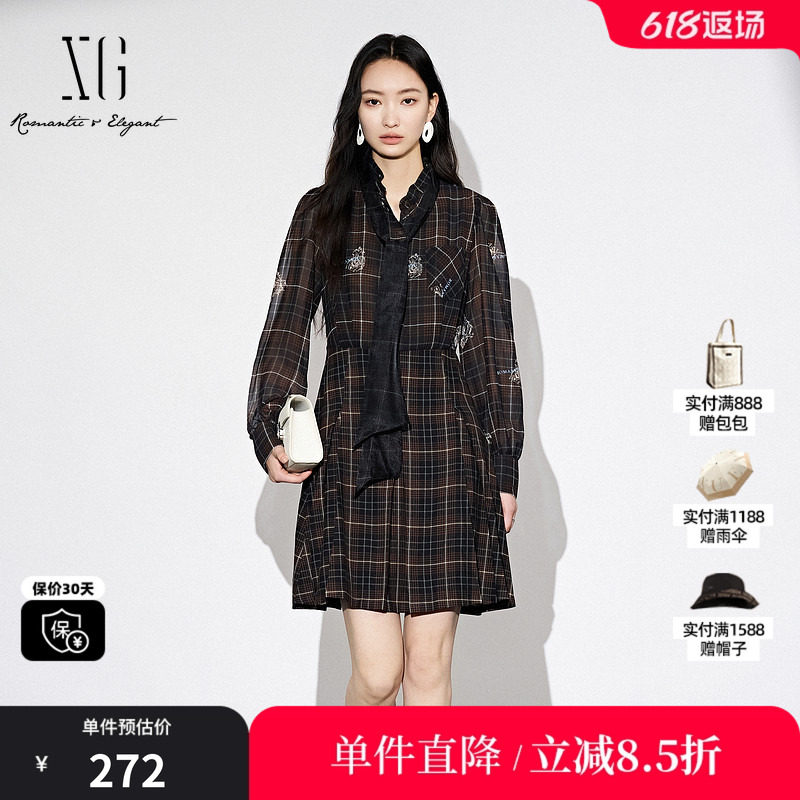 XG/雪歌XJ304014B395格纹长袖连衣裙时尚秋季新款通勤衬衫A字裙女