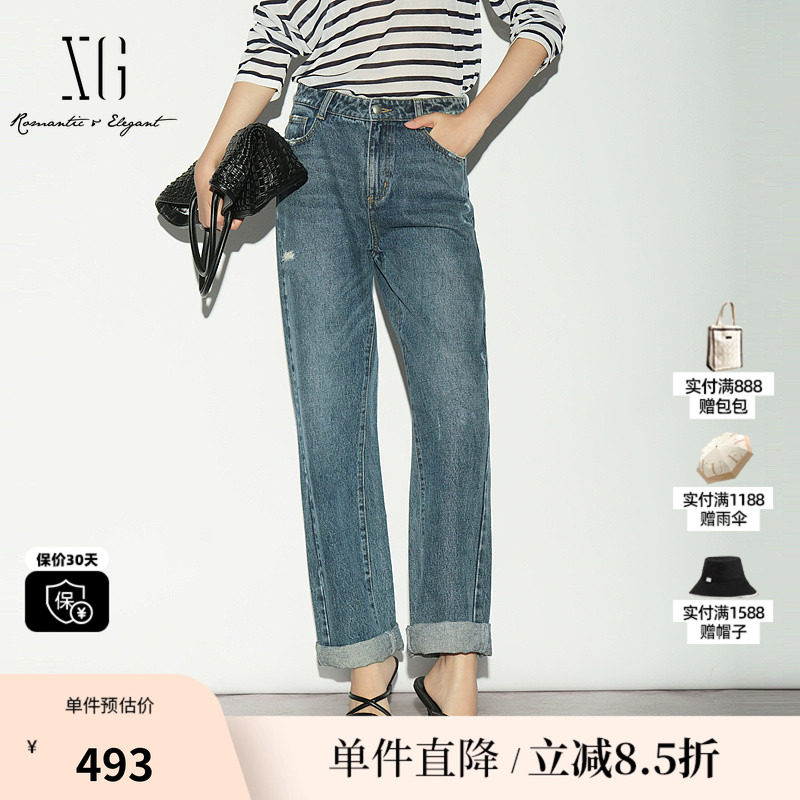 XG/雪歌XL202015A319 蓝色棉感直筒牛仔裤微弹薄款水洗复古长裤女