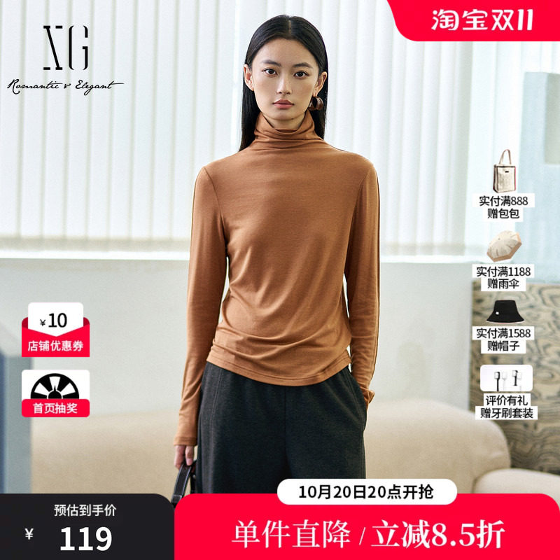 XG/雪歌XK401005A533 桔黄长袖高领T恤修身堆堆领打底休闲上衣女