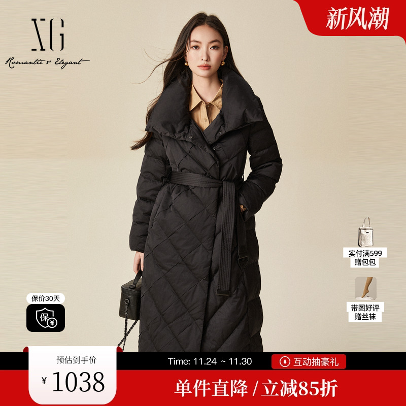XG/雪歌XJ406087A790黑色天鹅绒羽绒服时尚冬季新款长款外套女装
