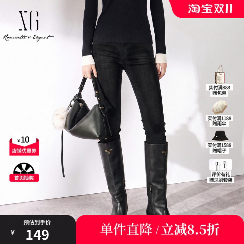 XG/雪歌 XJ412810A890黑色棉感修身直筒牛仔裤通勤休闲铅笔长裤女