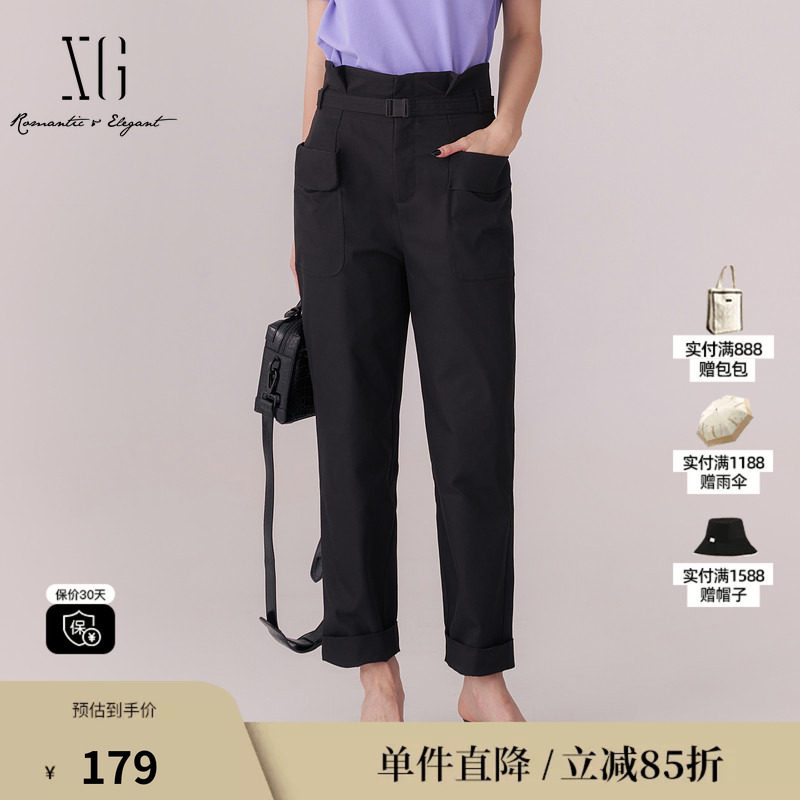 XG雪歌XL102006A190黑色高腰休闲裤2025秋季新款通勤收腰直筒裤女