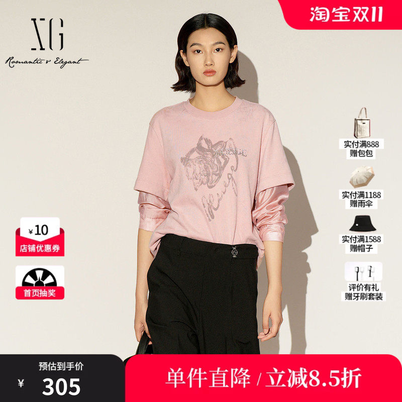 XG/雪歌XL101006A316纯棉假两件T恤圆领拼接宽松直筒打底上衣女装