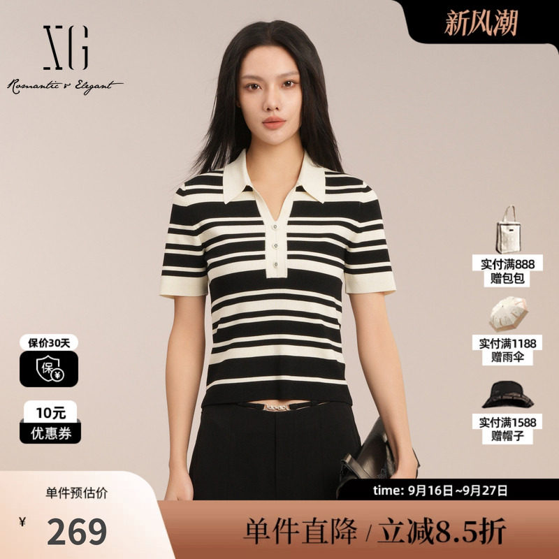XG/雪歌XK211017B199 黑白条纹短袖毛针织衫polo领修身套头上衣女